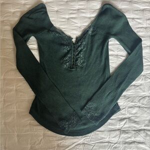 Free People Forest Green Lace Long Sleeve Top